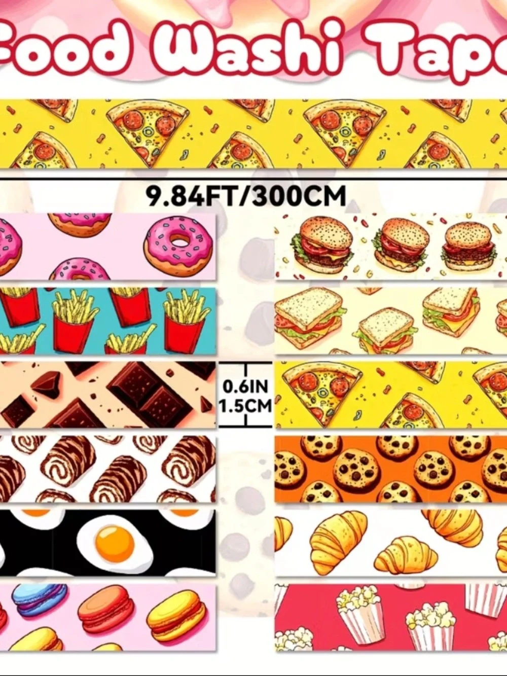 12 Rolls Cute Food Themed Washi Tape Set, Cartoon Yummy Dessert Decorative Tape